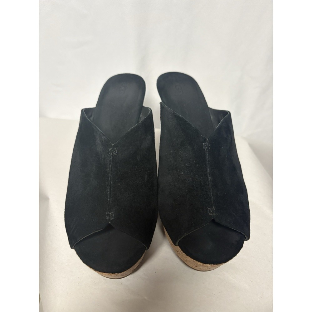 UGG Women's Black Suede Cork Wedge Heels Sandals Size 11 Open Toe Slip On